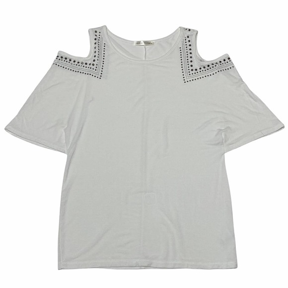 VOICE of California White Cold-Shoulder Dolman Sleeve Embellished Blouse - Picture 5 of 11